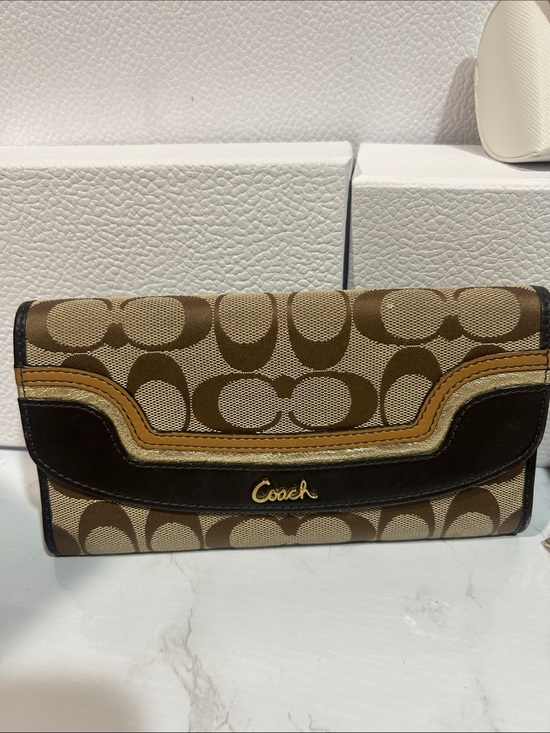 Coach Handbags - Coach Signature Canvas Trifold Wallet in Brown and Tan